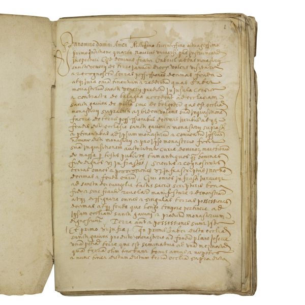 Manoscritto notarile relativo all’abbazia di San Venerio sull’isola del Tino nel comune di Porto Venere, in provincia della Spezia, Liguria, XV secolo.