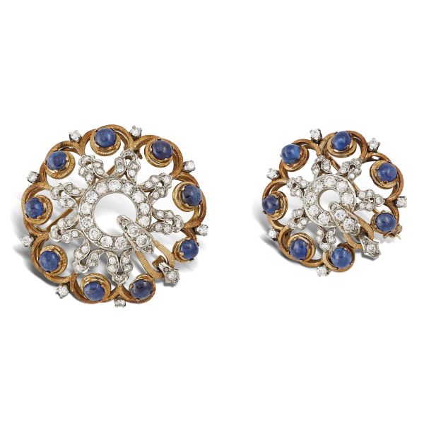 CAZZANIGA TWO SAPPHIRE AND DIAMOND FLORAL BROOCHES IN 18KT TWO TONE GOLD