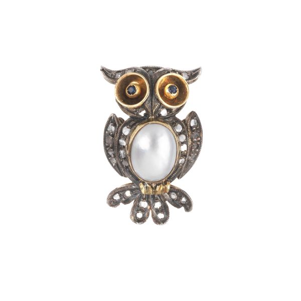 PEARL SAPPHIRE AND DIAMOND OWL BROOCH IN SILVER AND GOLD