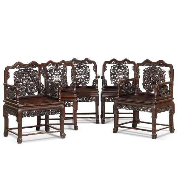 A GROUP OF FIVE ARMCHAIRS, CHINA, QING DYNASTY, 19TH CENTURY