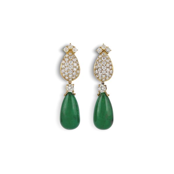 MORONI EMERALD AND DIAMOND DROP EARRINGS IN 18KT YELLOW GOLD