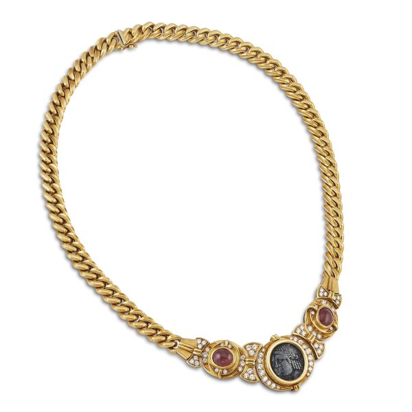 COIN RUBY AND DIAMOND BURB NECKLACE IN 18KT YELLOW GOLD