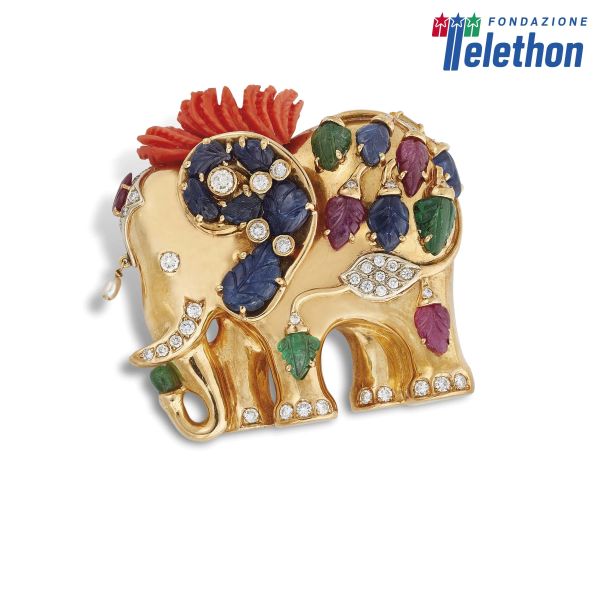 MORONI ELEPHANT MULTI GEM BROOCH IN 18KT YELLOW GOLD