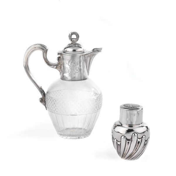 A CRYSTAL AND SILVER EWER, PARIS, 1900 CIRCA, MARK OF RUDOLPHE BEUNKE AND A SILVER TEA CADDY, LONDON, 1903