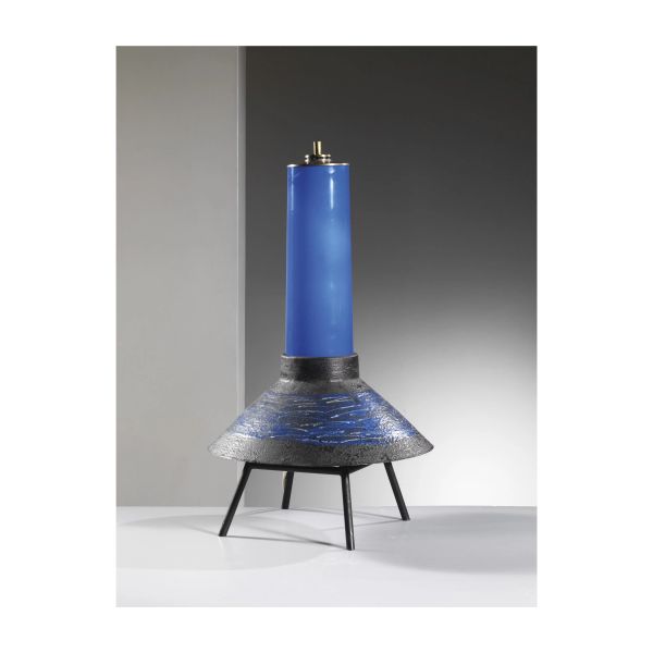 TABLE LAMP, LACQUERED IRON, BRASS AND BLU GLASS