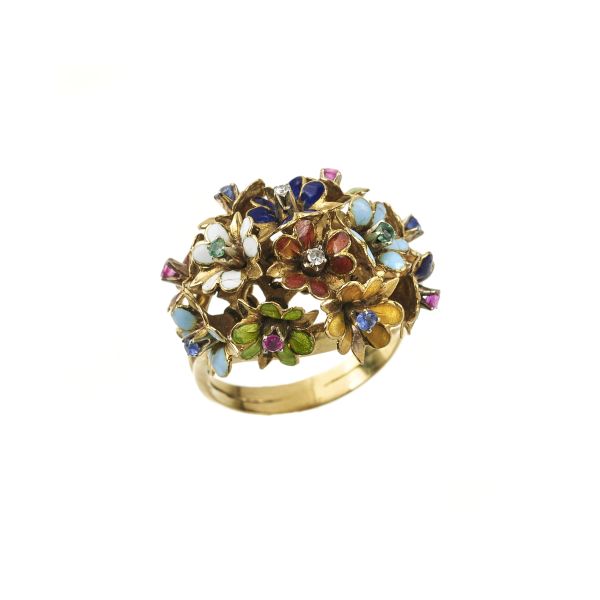 



ANELLO FLOREALE CON PIETRE DI COLORE E DIAMANTI
