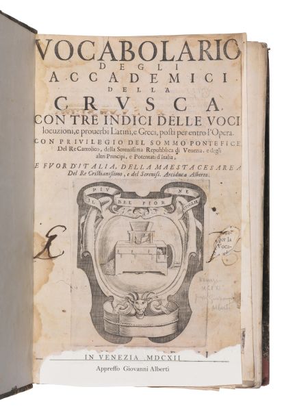 Accademia della Crusca.   Vocabolario degli Accademici della Crusca.   In Venezia, appresso Giovanni Alberti, 1612.