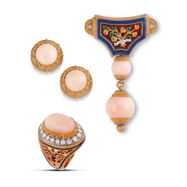 Cazzaniga - 



CAZZANIGA PARURE CON CORALLO ROSA E DIAMANTI
