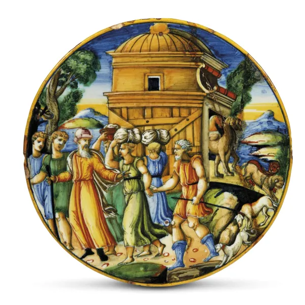 



A DISH, PESARO, WORKSHOP OF PITTORE DI ZENOBIA, 1550-1560