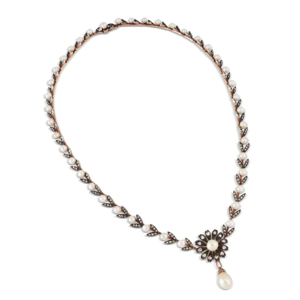 



NATURAL PEARL AND DIAMOND NECKLACE IN 15KT GOLD AND SILVER