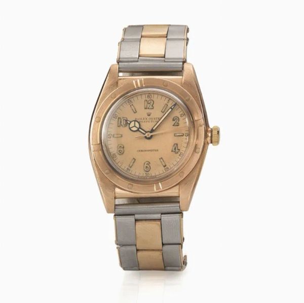 Orologio da polso Oyster Perpetual Chronometer Rolex, 'Ovetto', Ref. 3372, anni '40, in oro rosa 18 kt e acciaio