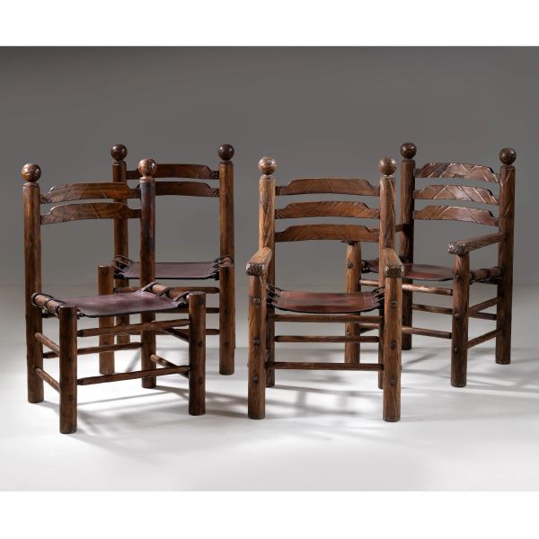 



TWO ARMCHAIRS AND TWO CHAIRS, WOODEN STRUCTURE 