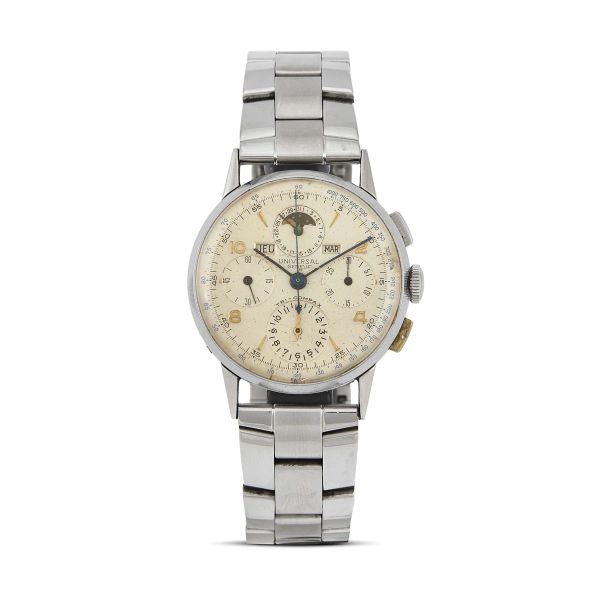 Universal Geneve - 



UNIVERSAL GENEVE TRICOMPAX REF. 22536 PERPETUAL CALENDAR AND MOON PHASES STAINLESS STEEL WRISTWATCH