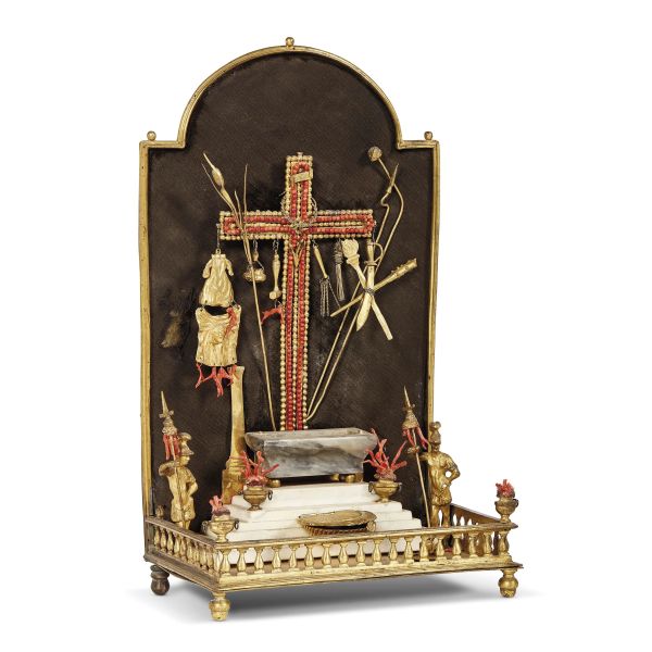 Sicily, 18th century, Altar of the Passion, gilt metal, marble and coral, representing an altar (a sepulcher) with all the symbols of the Passion of the Christ, 34,3x20,2x12,2 cm