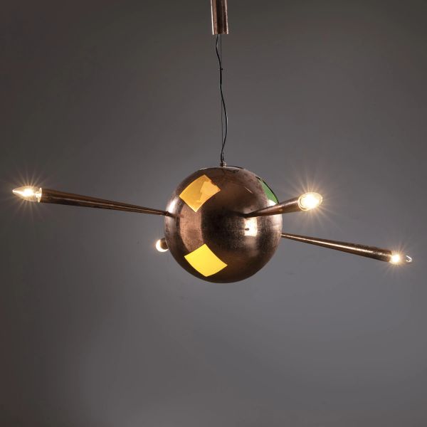 



BRASS, COPPER, COLOURED GLASS CEILING LAMP