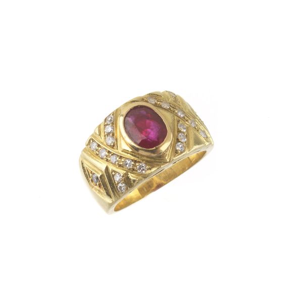 RUBY AND DIAMOND BAND RING IN 18KT YELLOW GOLD