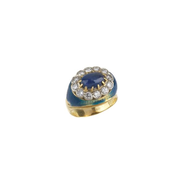SAPPHIRE AND DIAMOND ENAMELED RING IN 18KT YELLOW GOLD