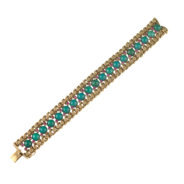 TURQUOISE AND RUBY BAND BRACELET IN 18KT YELLOW GOLD