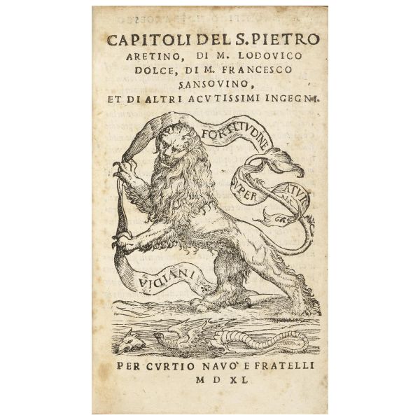 Edizione originale di questa non comune raccolta di sonetti di Aretino, Dolce e Sansovino