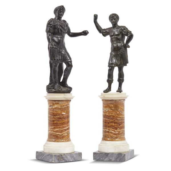 Venetian, 17th century, A couple of roman Emperors, bronze, cm 24,5 and 26, on a marble base, cm 45 and 47 (overall)