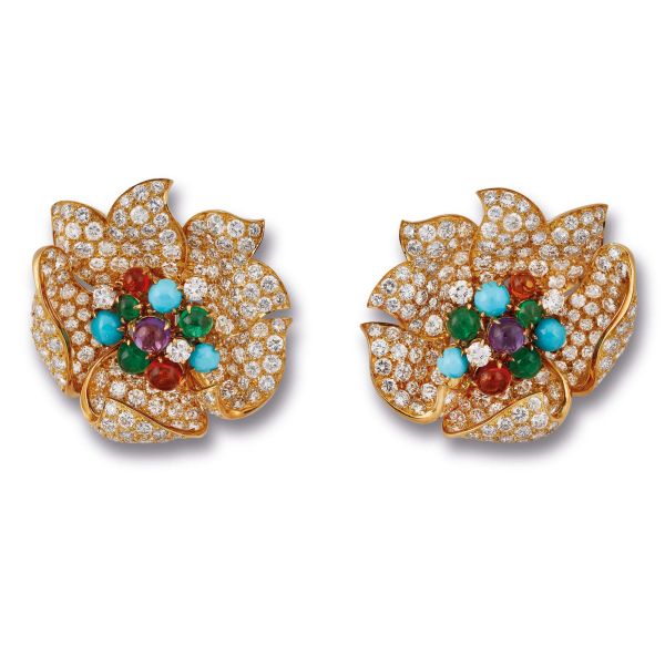 BULGARI MULTI GEM FLOWER EARRINGS IN 18KT YELLOW GOLD