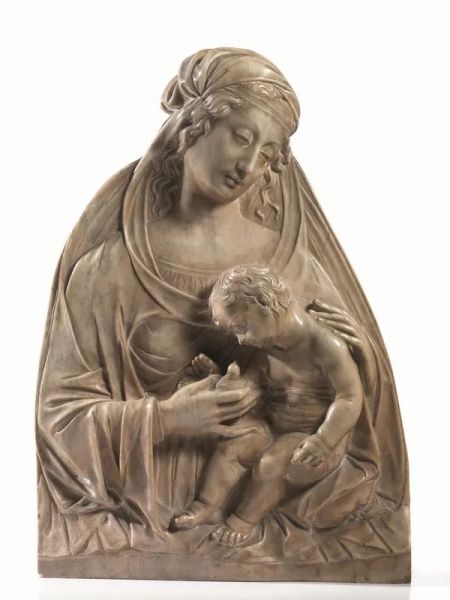 Bassorilievo, sec. XIX, in marmo, raffigurante Madonna con Bambino, alt.cm 58