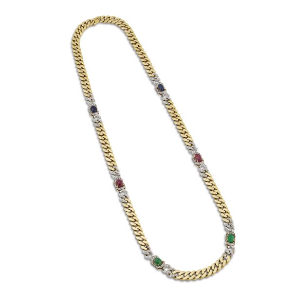 LONG MULTI GEM CURB NECKLACE IN 18KT TWO TONE GOLD