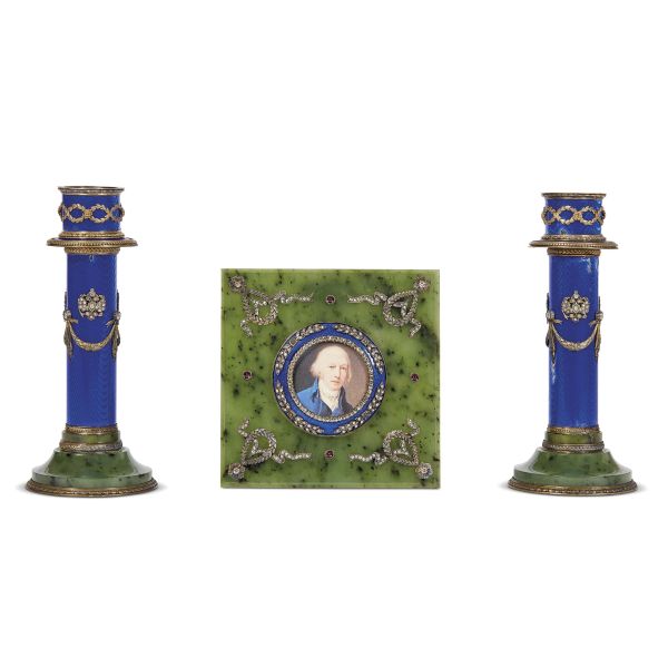 A PAIR OF RUSSIAN CANDLESTICKS AND A FRAMES FOR MINIATURES, EARLY 20TH CENTURY