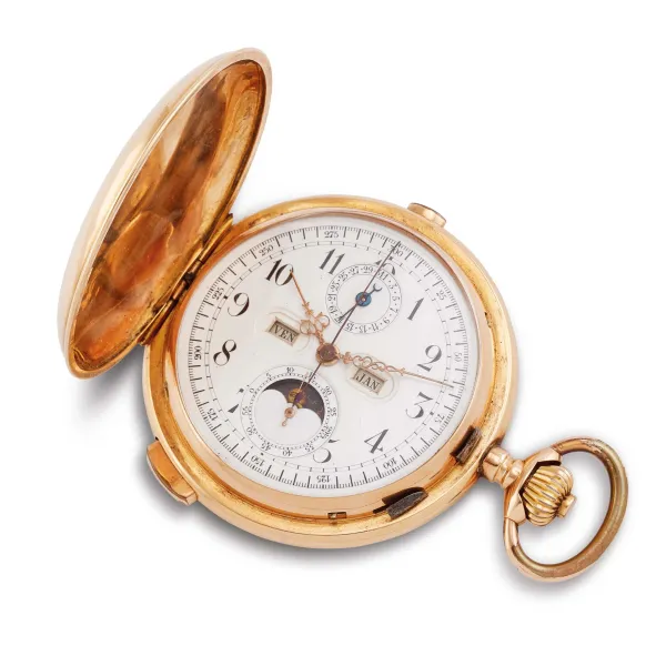 MONOPUSHER CHRONOGRAPH QUARTER REPEATER CALENDAR AND MOON PHASES YELLOW GOLD POCKET WATCH