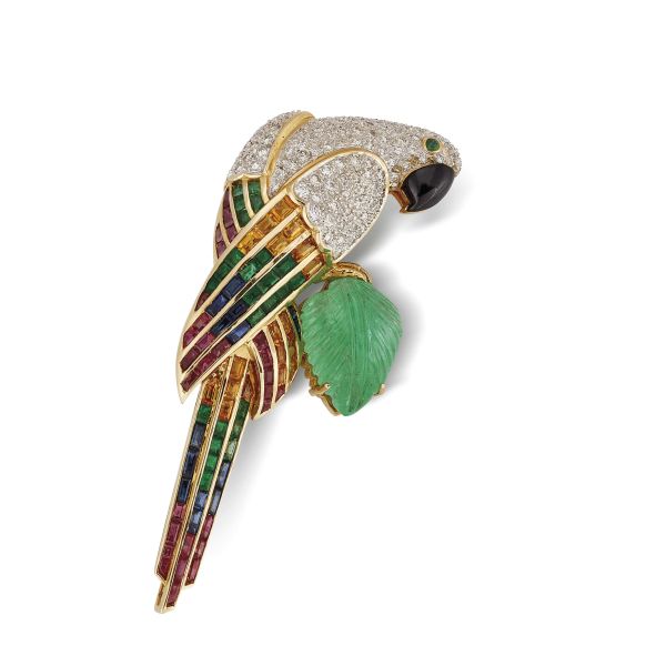 PARROT-SHAPED MULTI GEM BROOCH IN 18KT YELLOW GOLD