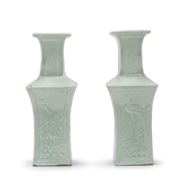 



A PAIR OF CELADON-GLAZED SQUARE VASES WITH WHITE RELIEF DECORATION, CHINA, 20TH CENTURY 