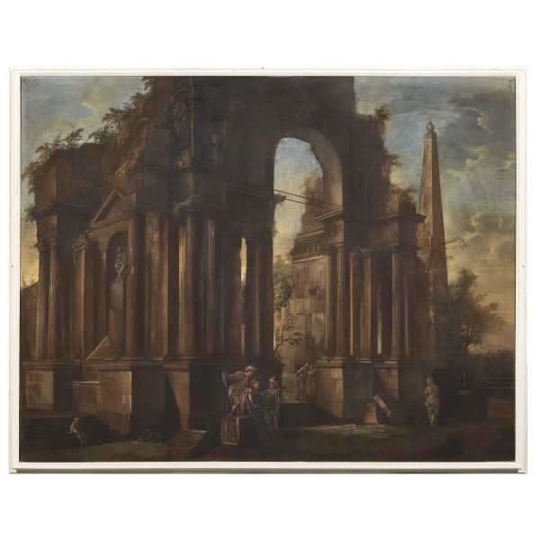 ARTIST ACTIVE IN ROME, 18TH CENTURY, A PAIR OF CAPRICCIOS WITH CLASSICAL ARCHITECTURES AND FIGURES, OIL ON CANVAS, 169X217 CM