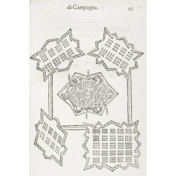D’Evoli, Cesare. Delle ordinanze et battaglie… revisto et corretto con l'agiuntione di molte cose necessarie. Con un nuovo trattato de gli allogiamenti di campagna. Roma, Diani, 1586.