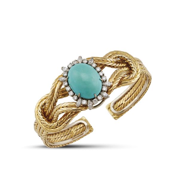 TURQUOISE PASTE AND DIAMOND BANGLE BRACELET IN 18KT TWO TONE GOLD