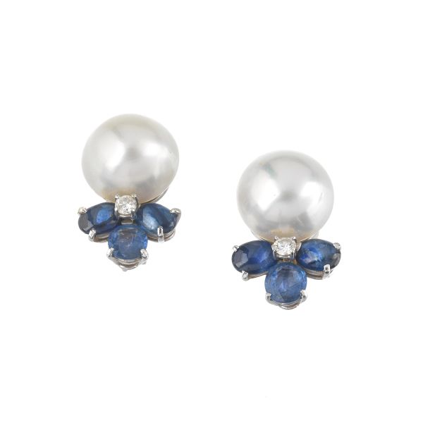 SOUTH SEA PEARL SAPPHIRE AND DIAMOND EARRINGS IN 18KT WHITE GOLD