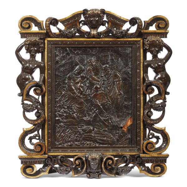 Northern Italian, 17th century, Adoration of the Magi, leather within a Sansovino-style frame, 35x44 cm (with frame 67x75 cm)