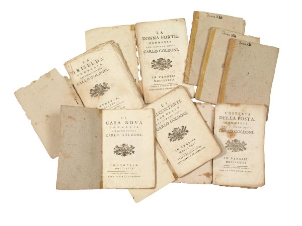 GOLDONI, Carlo. Lotto di 8 libretti di commedie stampate a Venezia da Savioli tra il 1772 e il 1775, in barbe.
