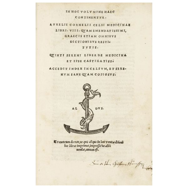 Prima edizione aldina del più antico documento medico occidentale dopo gli scritti ippocratici