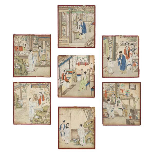 SERIES OF SEVEN PAINTINGS ON PAPER MOUNTED UNDER GLASS, CHINA, QING DYNASTY, 19TH CENTURY