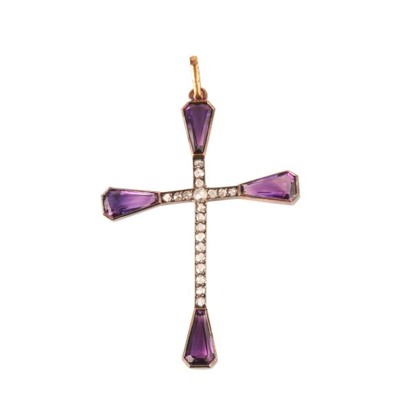 CROSS-SHAPED AMETHYST AND DIAMOND PENDANT IN SILVER AND GOLD