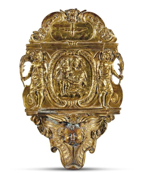 Venetian, early 17th century,   holy water font with the Madonna with Child, gilt bronze and gilt copper