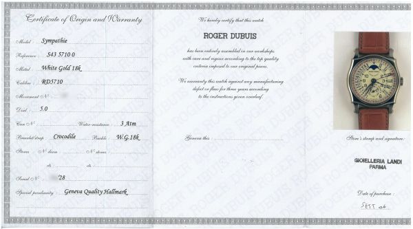 ROGER DUBUIS SYMPATHIE BIRETROGRADE CALENDARIO PERPETUO FASI LUNARI REF. S43 57100 N. 6/28