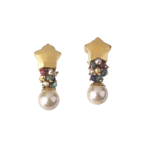 



PEARL AND MULTI GEM DROP EARRINGS IN 18KT YELLOW GOLD