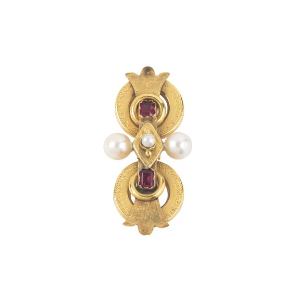 PEARL AND SYNTHETIC STONES BROOCH IN 18KT YELLOW GOLD