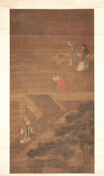 Dipinto, Cina sec. XVII dinastia Ming, su seta, raffigurante scena animata in un giardino, cm 127x67