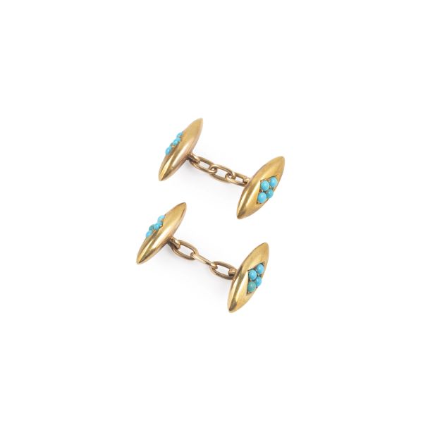 PAIR OF CUFFLINKS WITH TURQUOISE IN 18KT YELLOW GOLD AND LOW TITLE ROSE GOLD