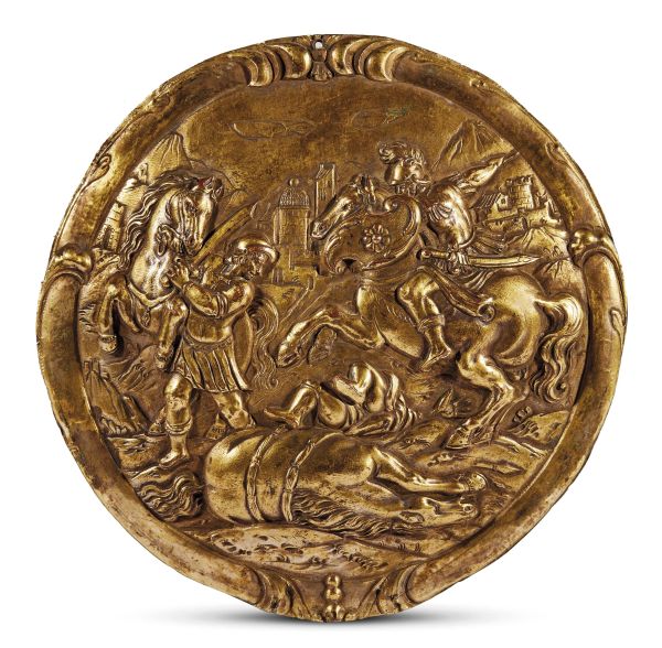 German, 17th century, A battle scene, gilt bronze