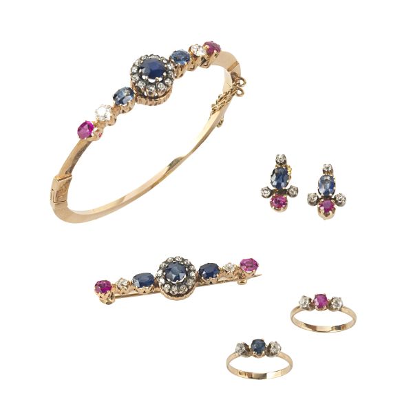 DIAMOND RUBY AND SAPPHIRE PARURE