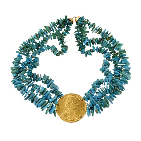 



TURQUOISE MULTI-STRAND NECKLACE WITH AN AUSTRO-HUNGARIAN COIN