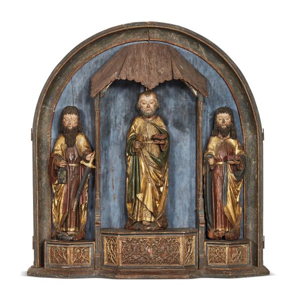 An Alpine region carver, second half 15th century, Saint Peter, Saint Paul and Saint Matthew, painted in polychromy and gilt wood, 115x38x30 cm, 109x40x22 cm and 109x35x22 cm